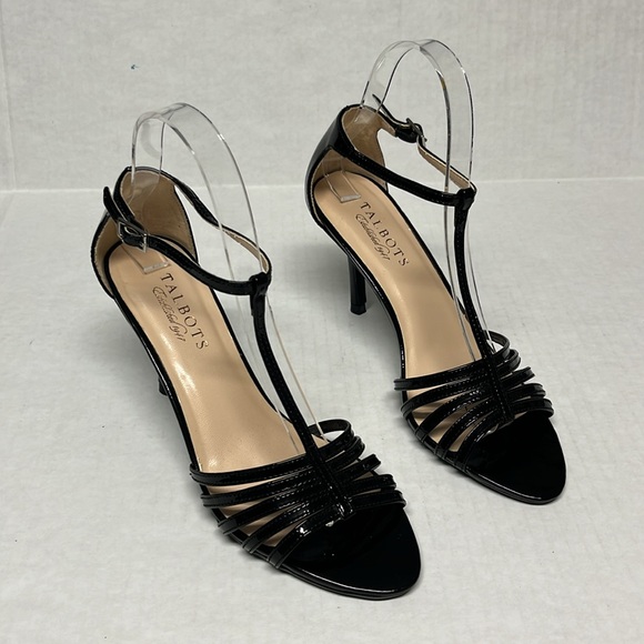 Talbots black patent leather T- ankle strap strappy toe heels sz 6.5 - Picture 1 of 11